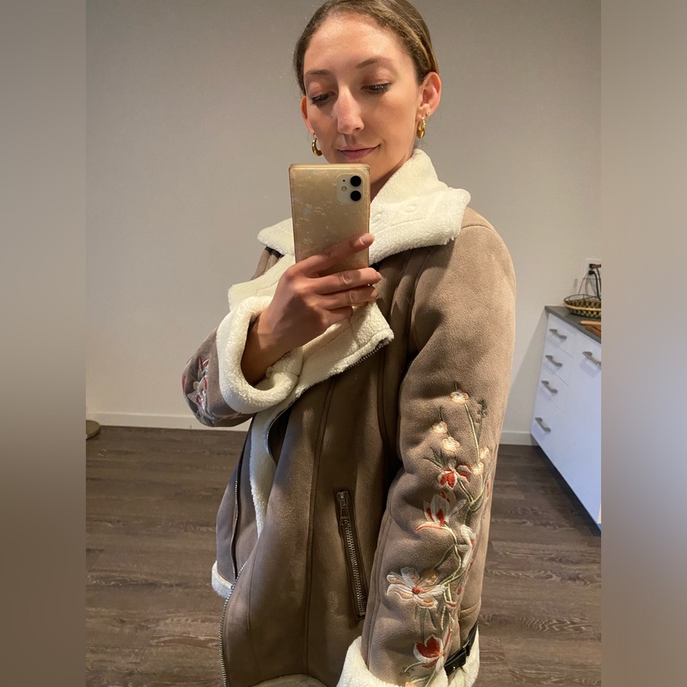 Driftwood Tan Winter Jacket Embroidered Floral Flower Sleeves